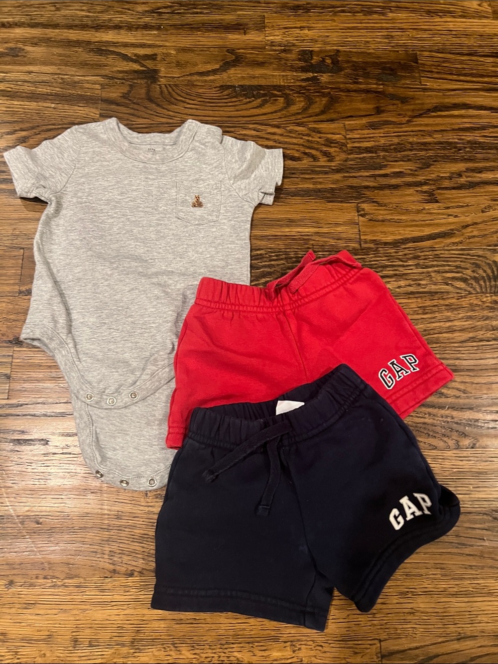 GAP Bundle - Boys 6-12 Month Onesie Bodysuit with Red and Navy Fleece Shorts